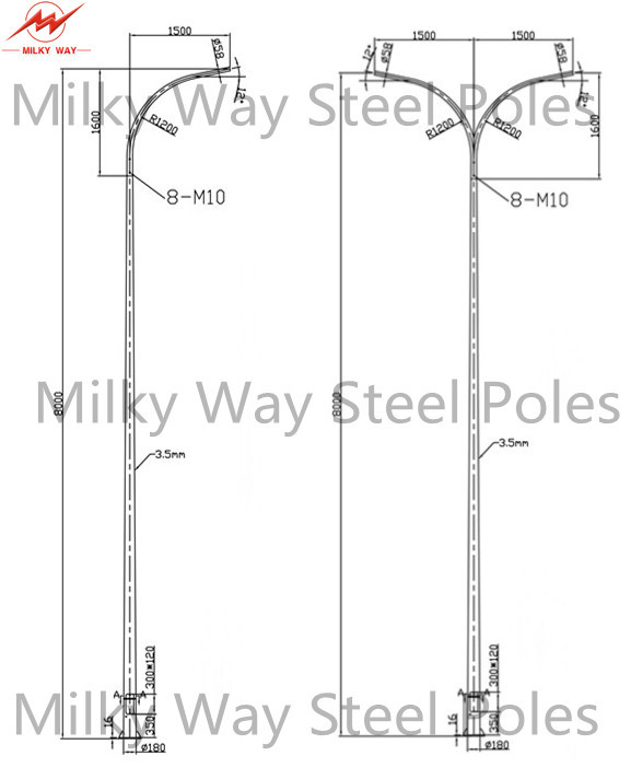 12 doppia iluminazione pubblica pali, Palo tubolare d'acciaio del braccio di m. 3.5mm 15 anni di garanzia 3